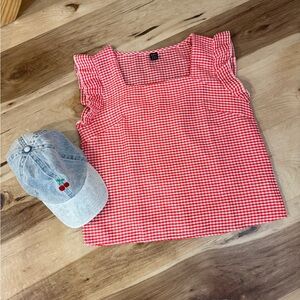 SHEIN Red Checkered Ruffle Sleeve Blouse